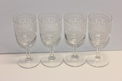 Antique Set of 4 Cordial-Sherry Glasses, Art Nouveau Etched Greek Key Pattern