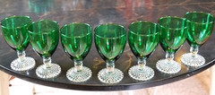 Vtg Set 7 ANCHOR HOCKING FOREST GREEN/ CLEAR BUBBLE FOOT Water Goblets 5 5/8″