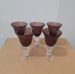 Set of 5 Hand Blown Amethyst Art Glass Wine Goblets Bubble Glass Pontil Stemware