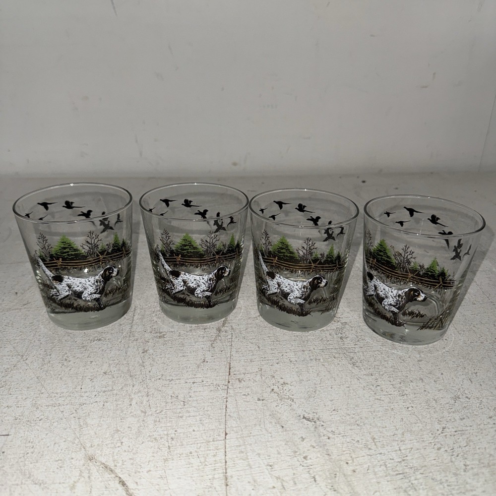 4 Vintage Barware Hunting Dog Lowball Glass 4″ Tall Libbey Sportsman Series