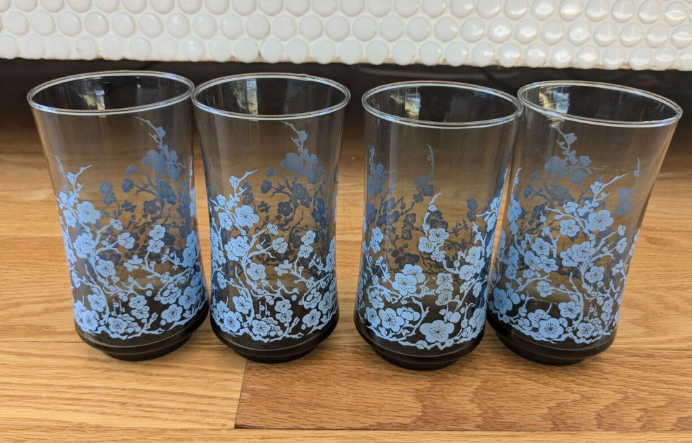 Set of 4 Vintage 70s Libbey Glass ORIENTAL Smoky Blue Floral Tumbler Glasses