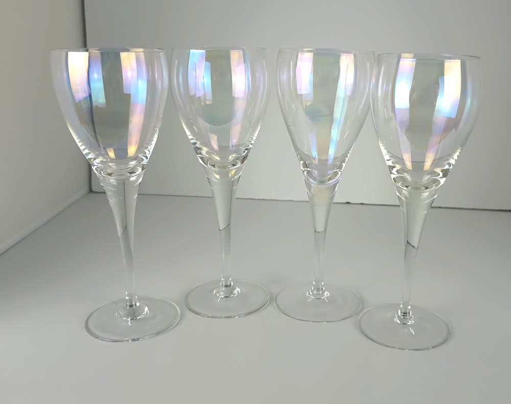Set of 4 Vintage Iridescent Crystal Wine Glasses – Rainbow Glow! 8.5″ Tall