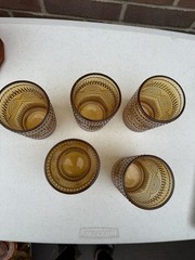 5 Vintage Tiara Amber Sandwich Glass Tumblers Indiana Pressed Water Glasses Set