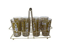 MCM Hazelware 9 pc Caddy Barware Drink Set. 8 Highball Glasses Gold Tone Carrier