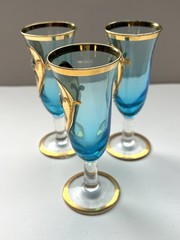 3 Vintage Turquoise Tre Fuochi Murano Cordial Glasses Gold Gilt ( 1 Has Crack)