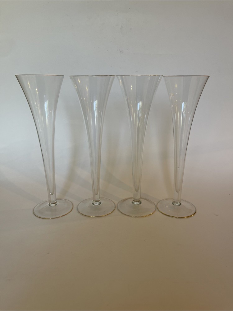 Block Crystal CELEBRATION 4 Hollow Stem Champagne Flutes Optic Gold Rim 10″ Vtg