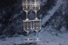 Antique Set of 4 Cordial-Sherry Glasses, Art Nouveau Etched Greek Key Pattern