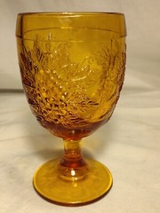 LE Smith Amber Glass Goblet Relief Vine And Grapes Scarce