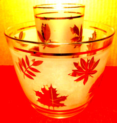 Libbey Highball~Frosted Maple Leaves Glass Ice Bucket & Matching Water Glass