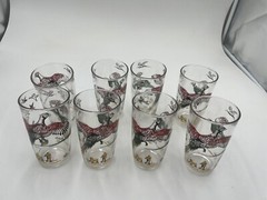 8 Vintage Hazel Atlas Highball Glasses Pheasants Hunting Scene & shot glass 1950