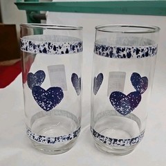 Vtg Folk Art 12 Oz Tumblers Blue Splatter Hearts 12 Oz