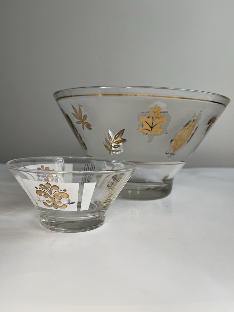 Vintage MCM Libbey Frosted Gold Leaf & Fleur de Lis Chip & Dip Bowl Set 1960s