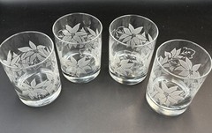 Set Of 4 Vintage Etched Lowball Poinsettia Barware Floral Glass Tumblers