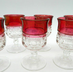 7 pc Set LOT Kings Crown Ruby Red Flash Thumbprint Wine Water Glass 2 ounce