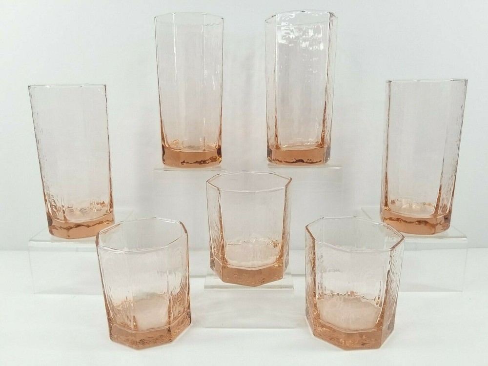 7 Pc Libbey Facets Pink Peach Coolers Old Fashioned Vintage Octagon Tumblers Lot