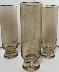 MCM Amber Seeded Glass Champagne Flutes Gold Rim Set of 3 Skinny Boho Glassware