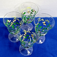 4 Crystal Butterfly Ice Tea Goblets 6-3/4″ H Water Glasses Spring Hand Painted