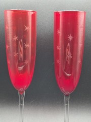 2-Ruby Red Hand Blown Champagne Glasses With Clear Stems Etched Atomic Starburst
