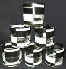 LOT OF 6 SET VTG MCM GEORGES BRIARD BLACK & WHITE BLOCK WHISKEY LOWBALL GLASSES