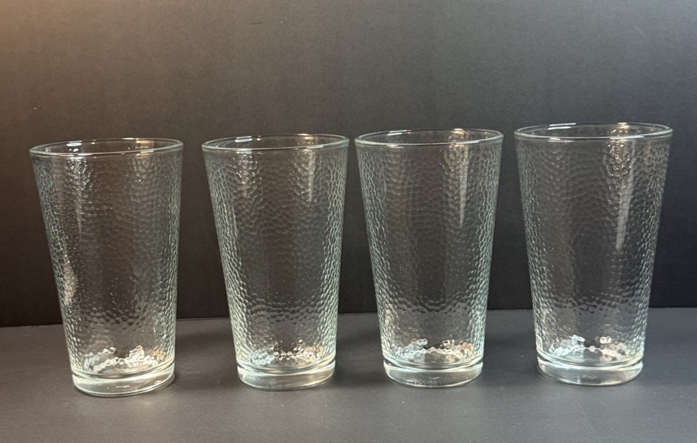 Set of 4 Libbey Glass 16oz 5.75” Interior Textured Hammered Flat Tumblers