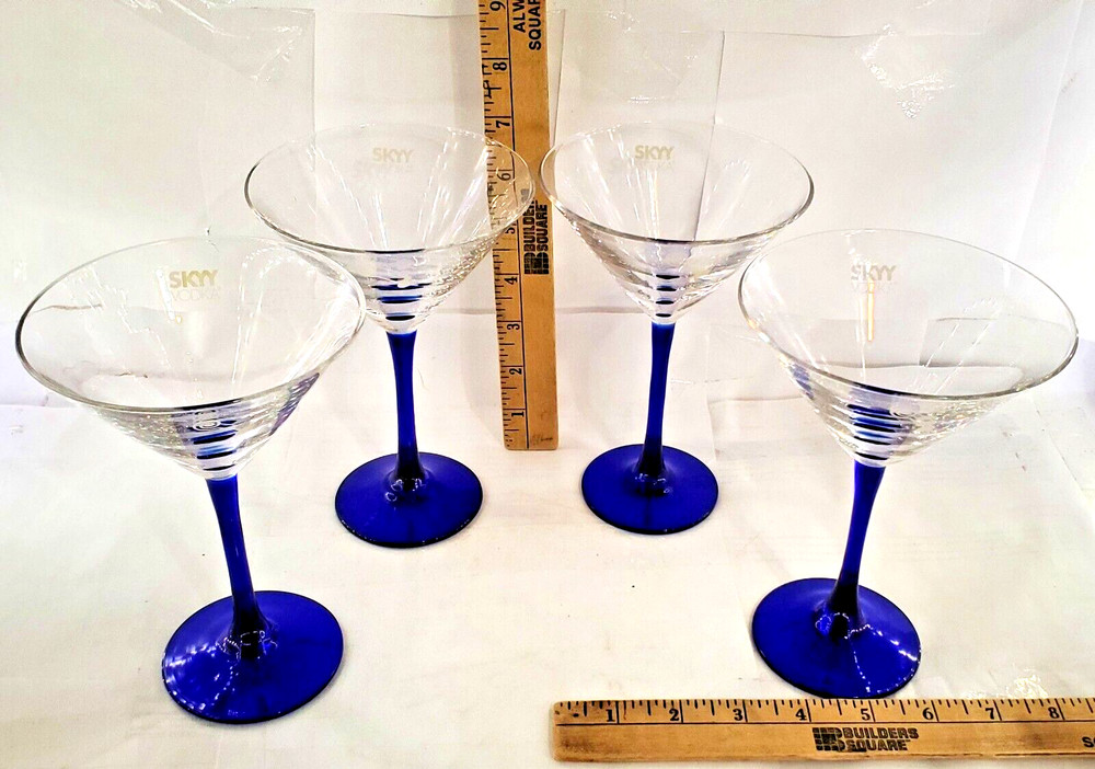 4 Skyy Vodka Clear Glass Etched Logo 6.5″ Cobalt Blue Stem Martini Glasses.