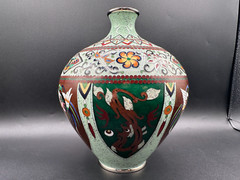 RARE Stunning Contemporary Asian Porcelain Vase w/Silver Rim Brown Multi Colored
