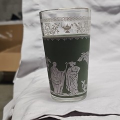 Green and White Glass Tumbler Set of 3 Classical Motif Glossy Finish