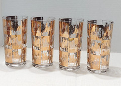 Culver 22K Gold High Ball Barware Glasses (Set 4) Knights Horse Signed MCM Vtg