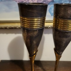 Vintage Brass And Silver-Plate Champagne Flutes Pair 9.5″