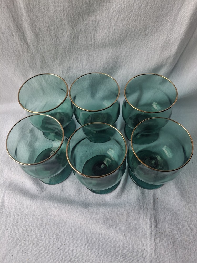 Vintage Libby Emerald Green Glasses 6 Pc Set Gold Rimmed Teardrop Stem