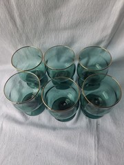 Vintage Libby Emerald Green Glasses 6 Pc Set Gold Rimmed Teardrop Stem