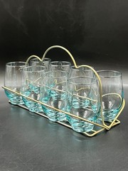 8 Libbey Aqua Blue Tempo 12 oz Mid-Century Modern Glass Tumblers & Caddy