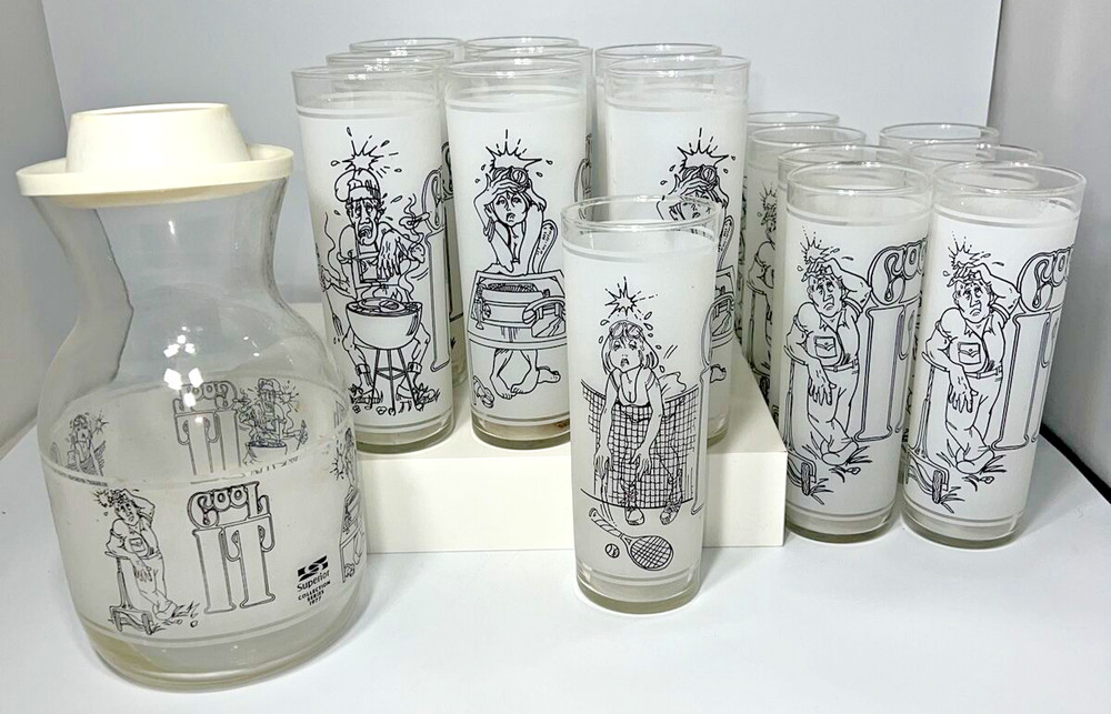 Retro COOL IT BEVERAGE SET FEDERAL GLASS 1970s – 16 Tom Collins Glasses & Carfe