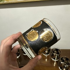Vintage Libbey Gold Coin Bourbon Glasses Set of 8 w/ Black Raised Texture 8 oz
