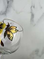 Vintage Romanian Butterfly Floral Gold Leaf Handpainted Wine Glass Set OF 8