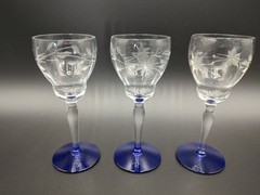 6 Weston Cordial Sherry Glasses Blue Footed 5.5″ Etched Starflower WGL45 Vintage