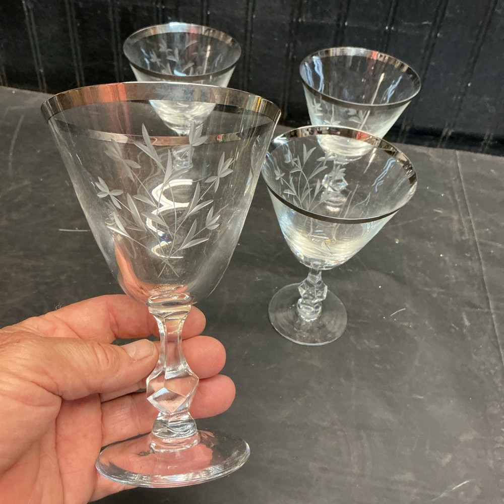 Fostoria Crystal Stemware Silver rim etched Glass set Of 4 Goblets Free Ship
