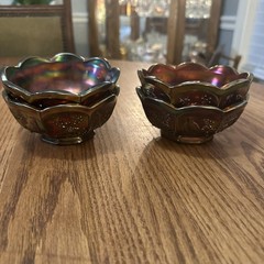 Set Of 4 ODD Green Northood Carnival Glass Singing Birds Pattern Berry Bowls