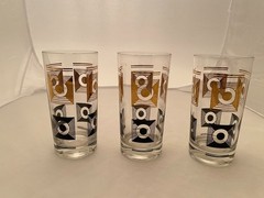 Vintage Set of 3 MCM Atomic/Geometric Gold/ Black Tumblers Excellent Condition