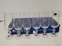 NIB 6 Bohemian Crystal Diamond Ball Stem Champagne Flutes Vintage Czechoslavakia