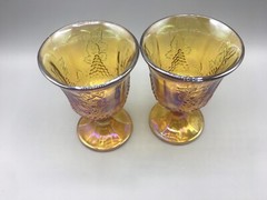 Indiana Carnival Glass Marigold Amber Harvest Grape Goblet 6″ 2 Sets of Two (2)