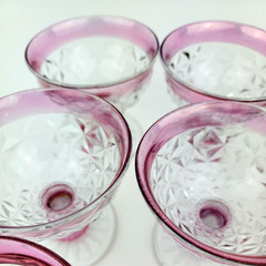 Vintage Indiana Glass Diamond Ruby Rim Fruit Dessert Pedestal Dish Set of 9