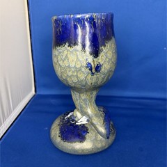 Blue & Gray Drip Glaze Art Pottery Goblet Cup, Glossy Ceramic Decorated