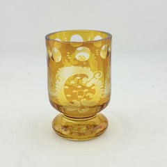 Vintage Bohemian Czech Amber Etched Glass Pedestal Tumbler Goblet Polka Dot