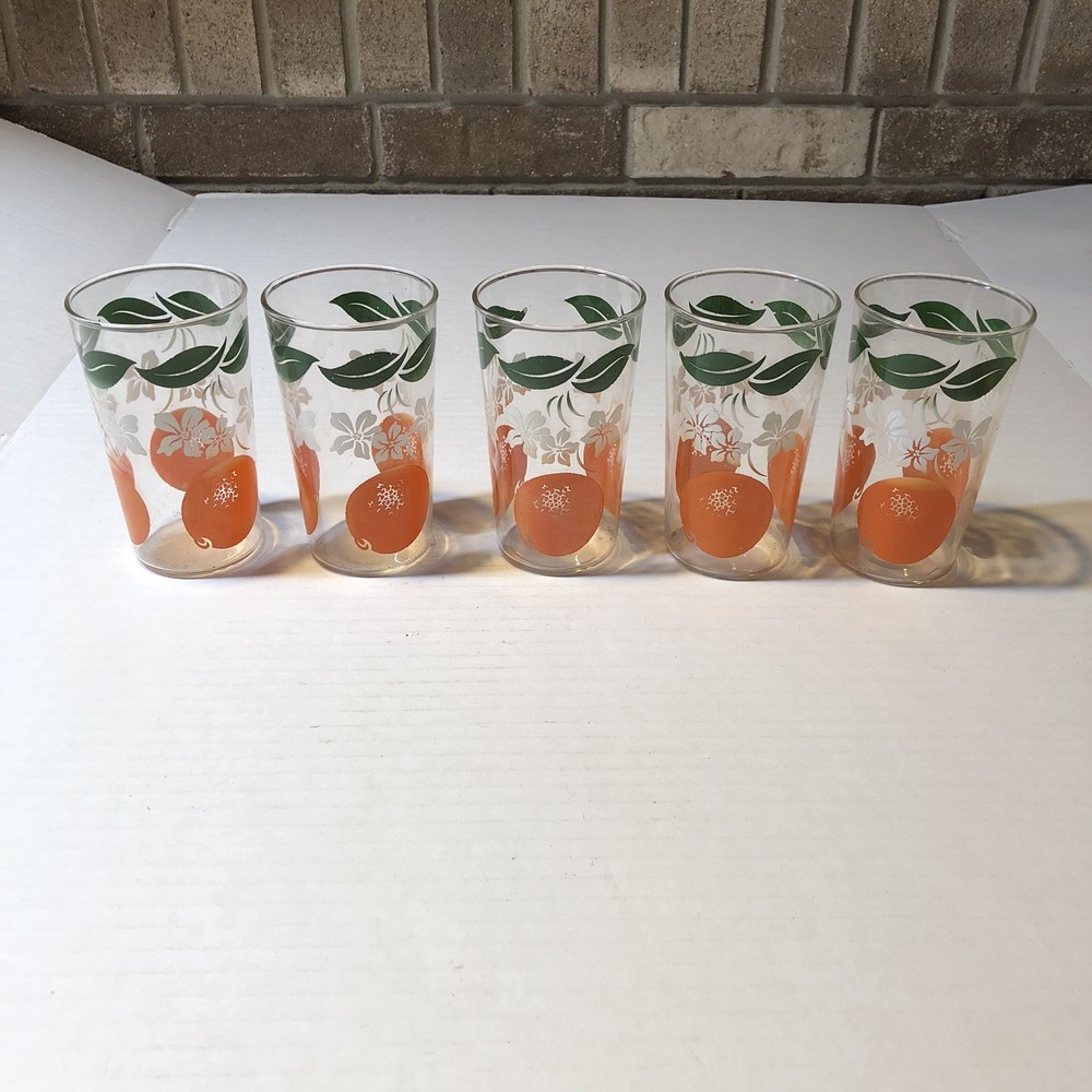 Vtg Set Of 5 Juice Glasses Oranges Blossoms Leaves Retro Fruit MCM BSH