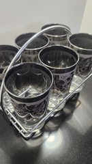 Vtg Silver Ombre Highball Glasses Set Of 6 Frosted Leaf & Grapes With Caddy