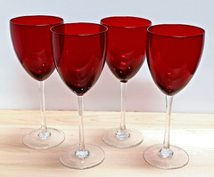Ruby Red Wine Glasses Clear Stems Crystal Goblets MCM 8-1/4″ Set of 4