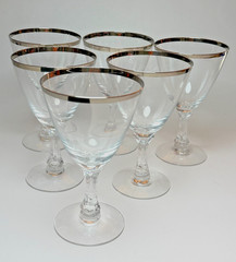 Vintage Set 6 Fostoria Crystal Wedding Ring Platinum Rim Water Goblet Glass Wine