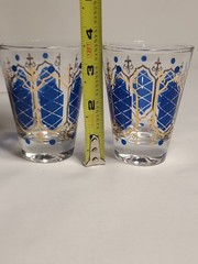 Vintage MCM Anchor Hocking Tall Shot Glasses Blue Gold Fleur-de-lis Set Of 2