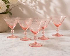 Vintage H.C. Fry Glass FRY66 Pink Low Champagne Coupe Glasses Etched Set of 7